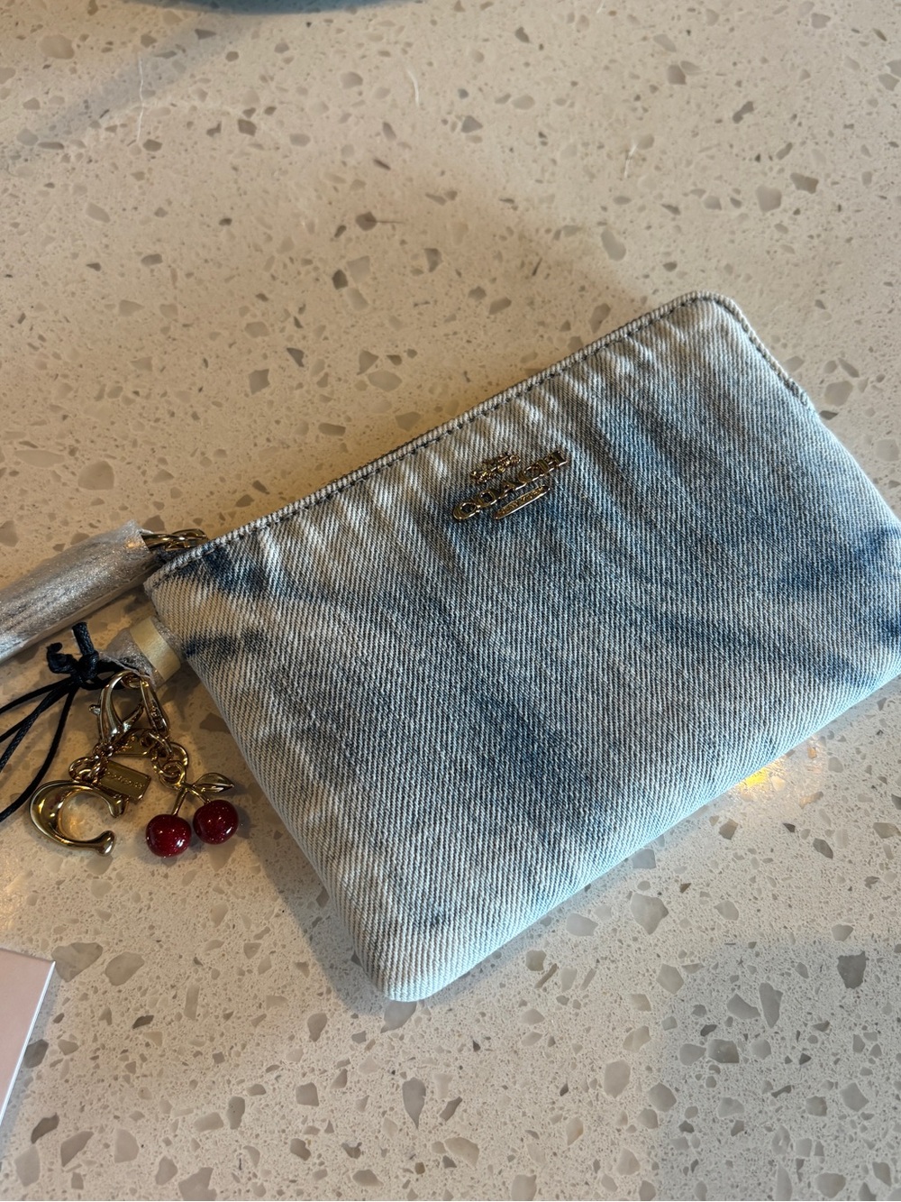 Coach Loved Denim Blue Wristlet Bag with Gold Logo and Cherry Charms! 🍒 NEW - Picture 4 of 8